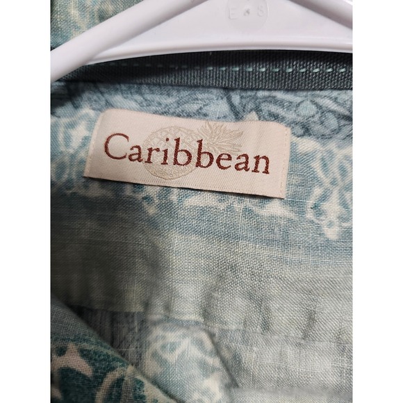 Caribbean Mens 100% Linen Long Sleeve Button Down Shirt Blue Floral Stripe Large - Picture 5 of 14